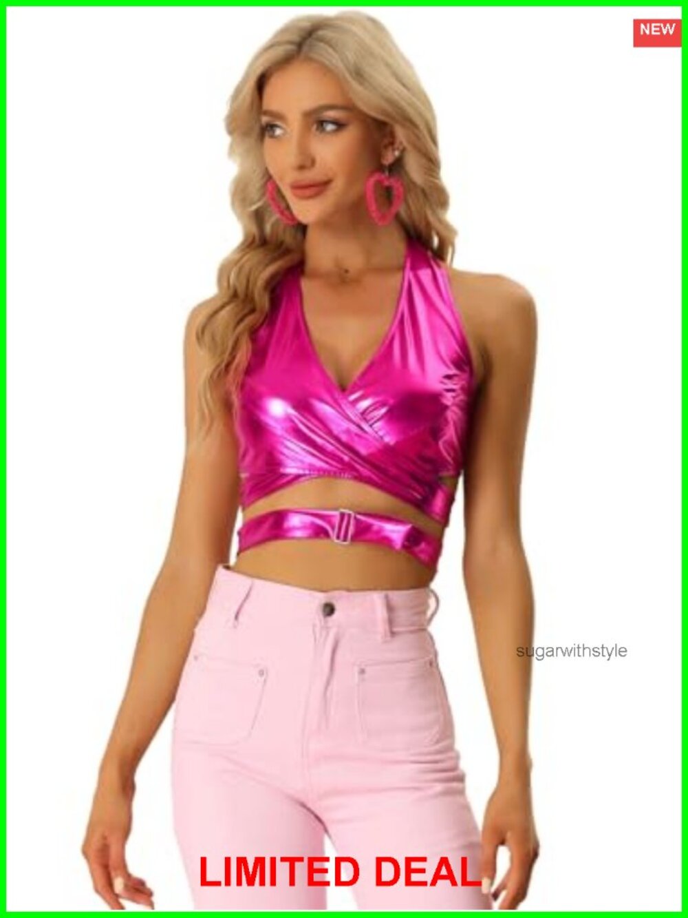 Metallic Halter Crop Top Deep V Neck Backless Sleeveless Party Top